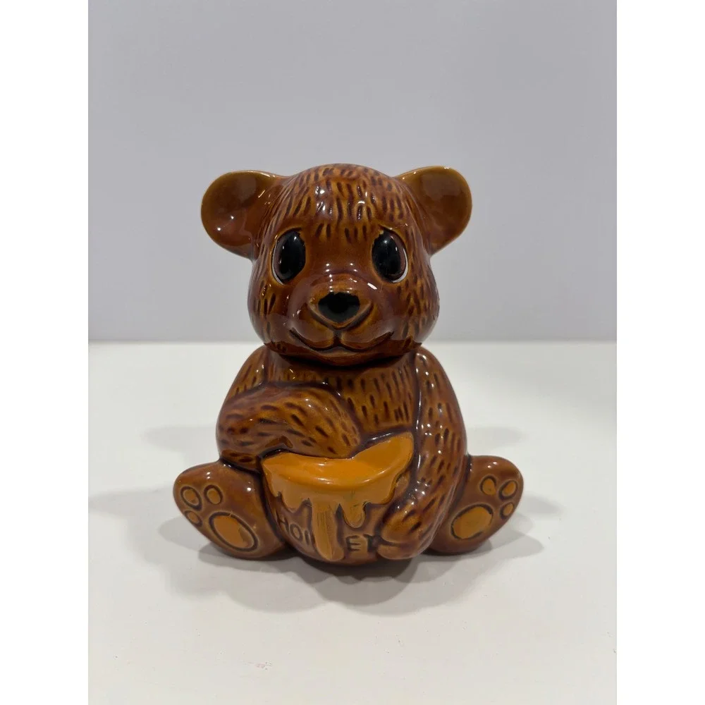 Vintage Ceramic Honey Bear Jar Brown Glossy Figurine Made in Taiwan 5.5